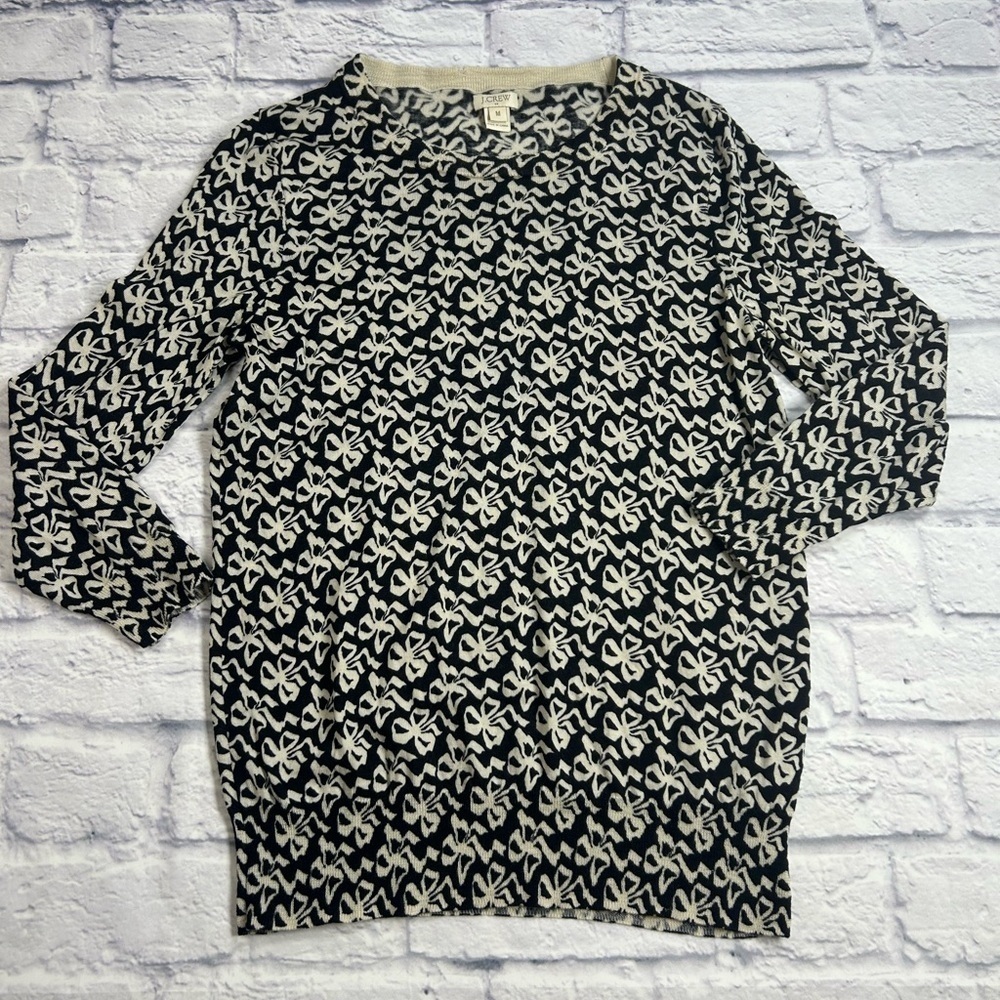 J. Crew Black and Cream Bow Knit Lightweight Sweater. 100% Wool. Coquette Girl.